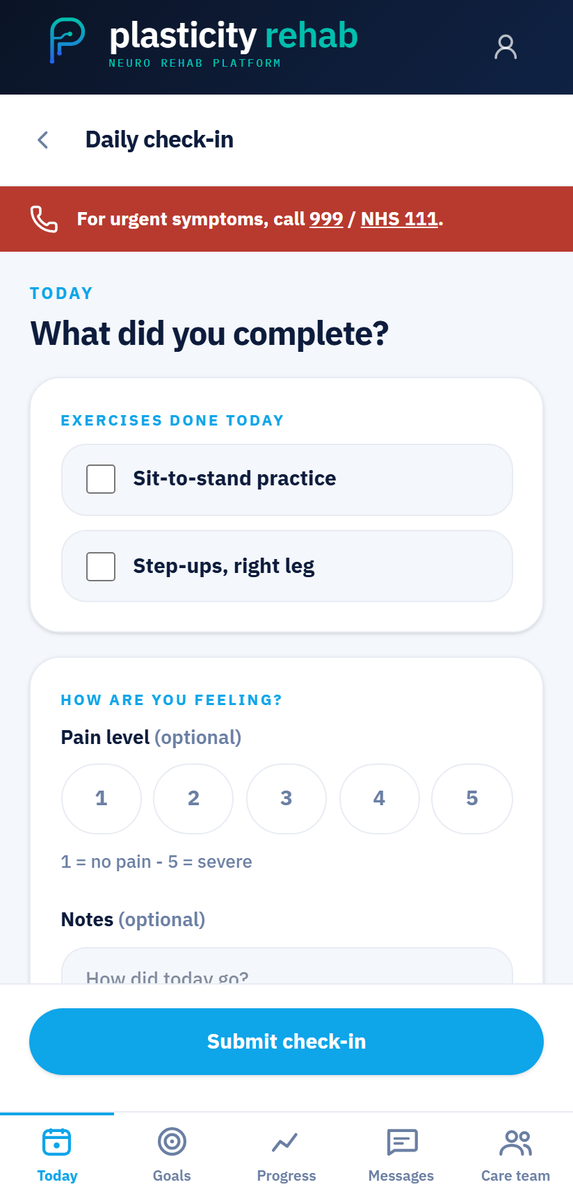 Daily check-in screen — exercises completed and pain level