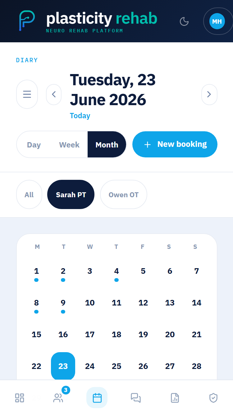 Clinician diary — month view, days with bookings marked across the calendar