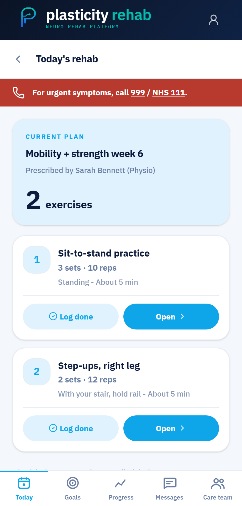 Today's rehab — prescribed exercises with sets and reps