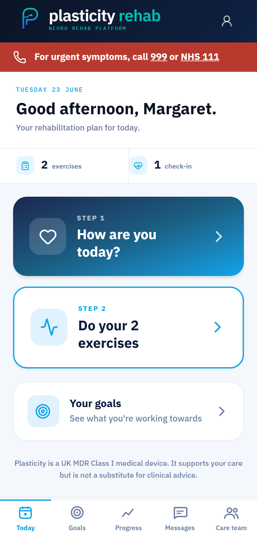 Patient home screen — today's rehabilitation plan with check-in and exercises