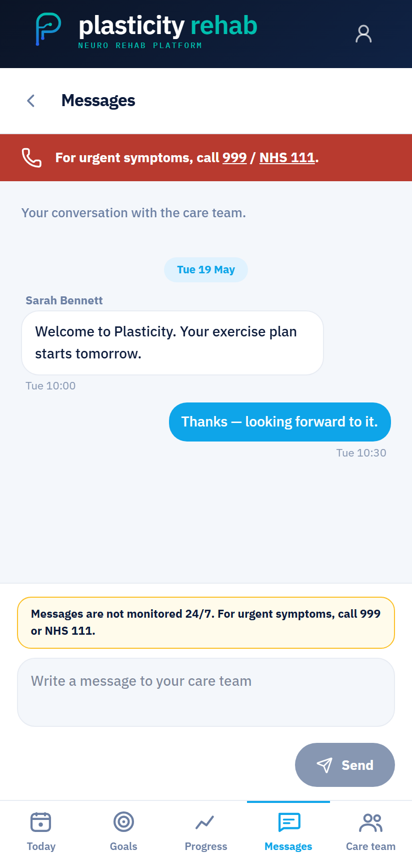 Messaging — patient conversation with the care team and a 999 / NHS 111 banner